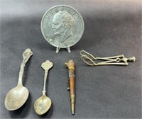 OVERSIZE LIBERTY DIME, COLLECTOR SPOONS & MORE