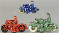 THREE CAST IRON MOTORCYCLES VARIETIES