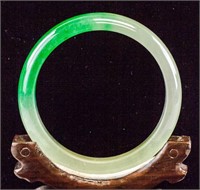 Chinese Two Tone Green Jadeite Carved Bangle