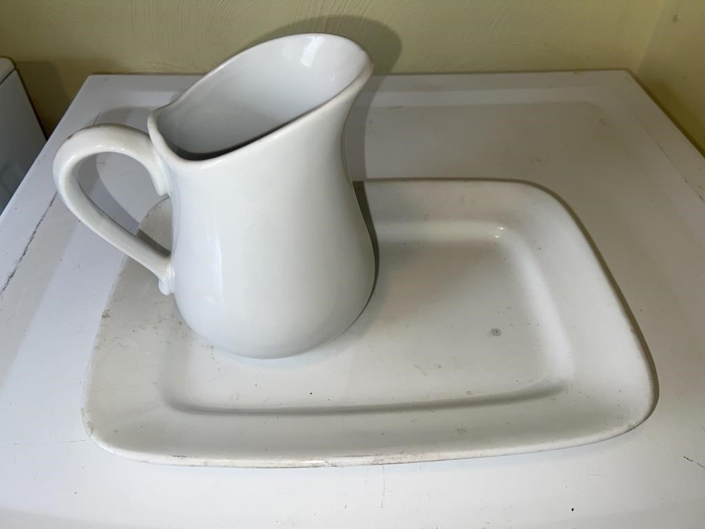 White ceramic pitcher & tray