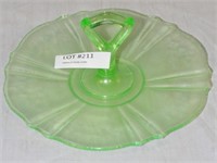 GREEN VASELINE GLASS DESSERT PLATTER W/HANDLE