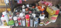 Large assortment of garage liquids, misc. paints,