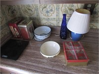 glasses,lamp,tins & items