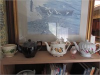 3 teapots,cup & salt