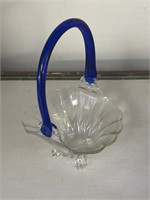 Art glass basket clear blue handle 9”