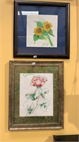 Two framed original watercolors - sunflowers and a