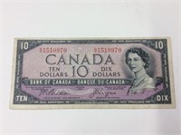 1954 (vf) Canadian 10 Dollar Bill Devil's Face
