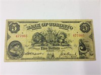 1937 (vf) Bank Of Toronto 5 Dollar Bill