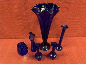 Cobalt Blue Vase Lot with Wine glass, 6 Pieces: