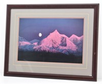 Print of Snow Capped Mountain Range and Full Moon