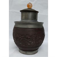 Qing Dynasty Chinese Pewter & Carved Coconut Tea