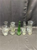 10 glass vases, two green glass, balance are clear