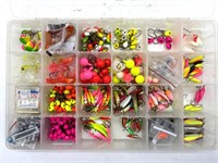Fishing Jigs and More in Plastic Tackle Box 14” x