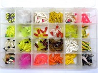 Fishing Jigs and More in Plastic Tackle Box 14” x