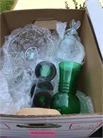 Pressed clear glass, green vase,