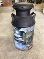 Hand Painted Milk Can with Lake Shore Scene Dock