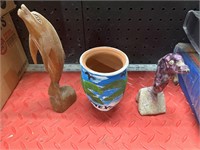 Mexico clay pot & two dolphin statues