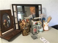 Curio frame; dresser tray; 3 angels; knick-knacks