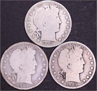 Lot of 3 1905 barber half dollars