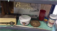 Shelf lot, GE radio, collector cups, Brandin Iron