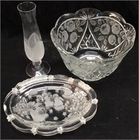 FROSTED GLASS BOWL, VASE, PLATTERS