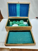 Wooden box with vintage jadeite kids set