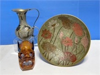 Decorative Metal Bowl & Pitcher And Wood Mask