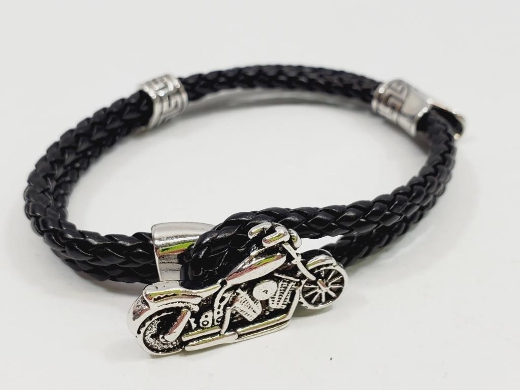 Motorcycle Black Leather Bracelet 9"