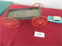 Model cars, plastic wagon, JD tractor