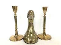 Brass candlesticks and duck bookend