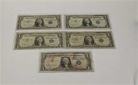 Set Of 5- 1957 Silver Certificate Dollar Bills,