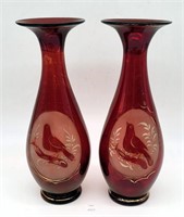 Ruby Red Etched Glass Vases w Bird Designs (2)