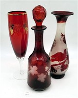 Ruby Red Glass w Etched Grape Leaf Design Decanter
