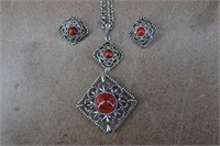 Sarah Coventry Inca Fire Necklace & Clip Earrings