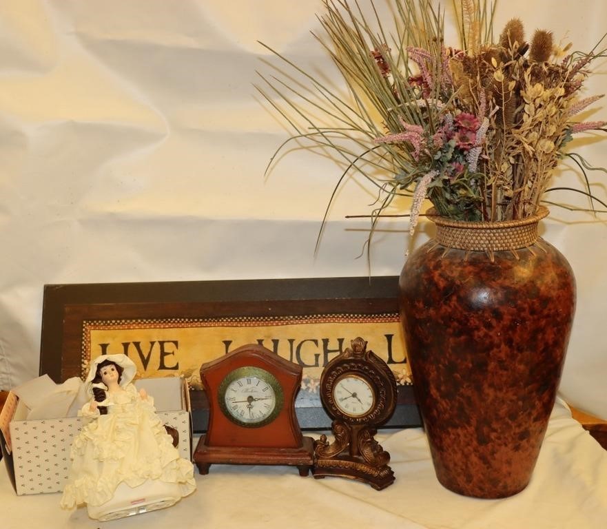 Brinns Music Doll, Clocks, Vase 14" T,Décor Sign