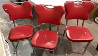 3 vintage chrome and red vinyl kitchen chairs.