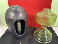 *GREEN GLASS KEROSENE LAMP & HANDHELD CANDLE LIGHT