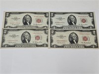4 Two Dollar Currency Notes Red Seal 1953 A