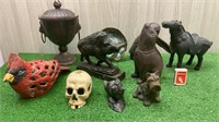 CAST IRON ANIMALS, DOOR STOPS, URN & CARDINEL