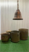 4 LARGE BRASS PLANTERS, WOOD BUCKET & HANGING BELL