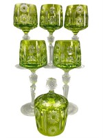 Bohemian Cut To Clear Green Wine Glasses, Bell