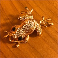 Gold Tone & Rhinestone Frog Brooch Pin