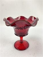 Ruby glass strawberry design stemmed compote.