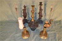 Lot: glass, brass and iron candlesticks; Belleek