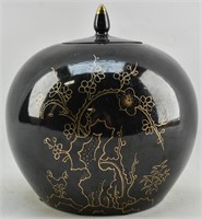 Black Ceramic Jar with Crane