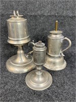 3 Antique Pewter Oil Lamps/Lanterns