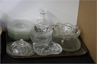 LOT OF PRESSED GLASS DISHES, SERVING PLATTER, BOWL