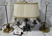ORNATE CAST LAMP + PAIR OF BRASS LAMPS