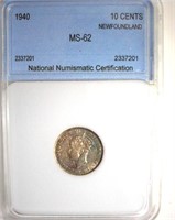 1940 10 Cents NNC MS62 Newfoundland