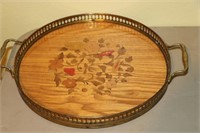 Italian Inlaid Wood Serving Tray with Brass Rim